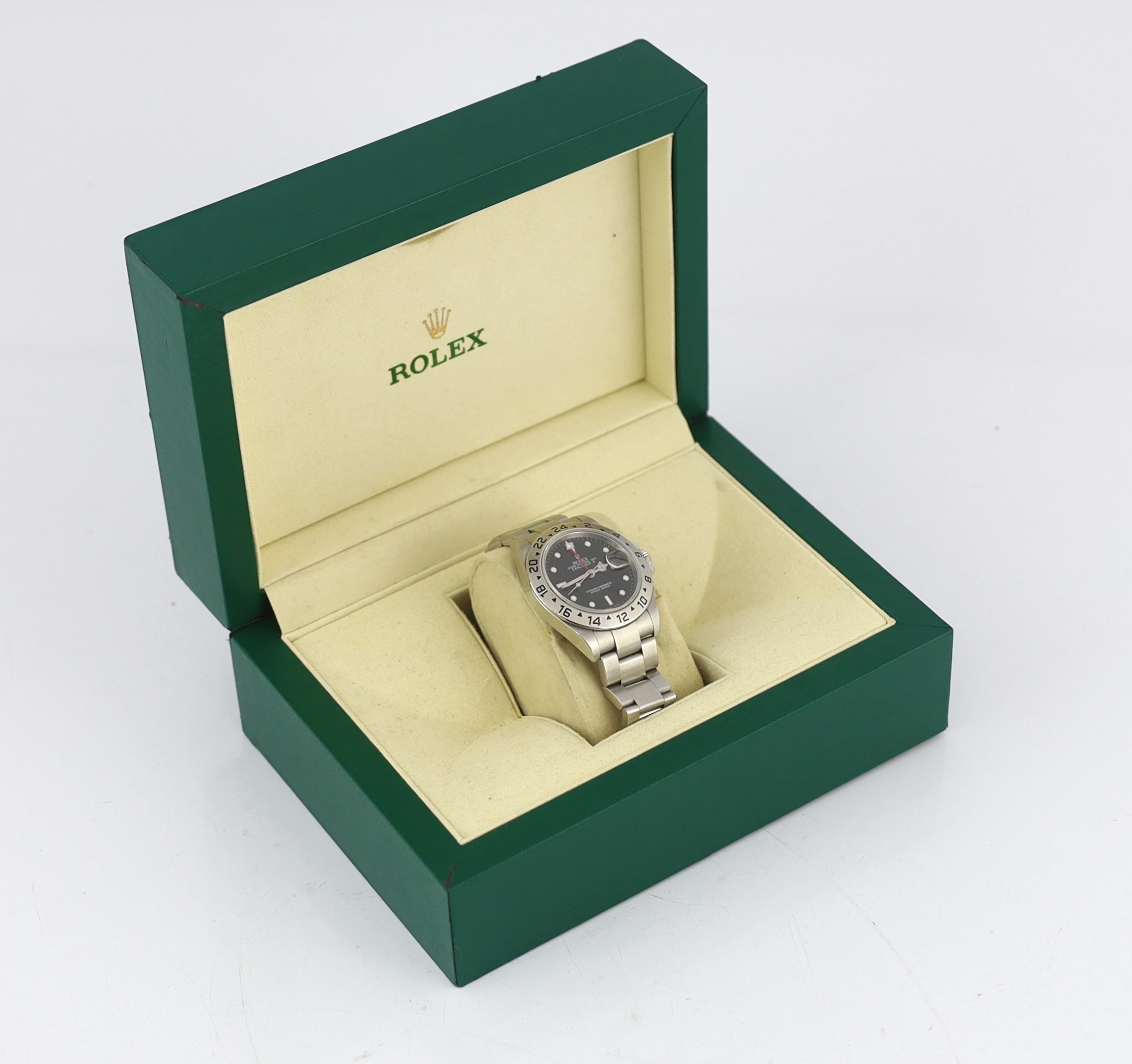 A gentleman's 2004 stainless steel Rolex Oyster Perpetual Date Explorer II wrist watch, on a stainless steel Rolex bracelet